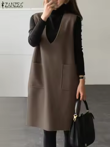 ZANZEA Winter Solid Dress Vintage Women Corduroy Dress Casual Loose Sleeveless Apron Dress Holiday S