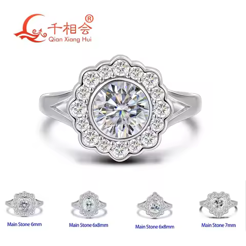 925 Sterling Silver Moissanite Ring Round/Oval/Pear/Heart Cut, 6.5/6x8/7mm, Yellow Gold Plated Optio