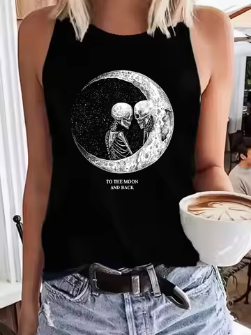 Wan Saint fashion Moon skeleton print hurdling vest women's casual spring/summer round neck hurdling