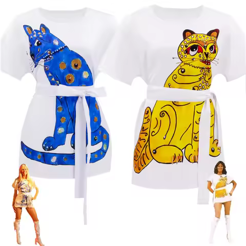 70s Disco Pop Star Inspired T-Shirt Dress, Anni/Agnetha Style Cat Print Belted Mini Dress Women's Re