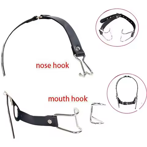 Open Mouth Gag Restraint Leather Head Harness Nose Hook with Metal Mouth Enlargement Ring Bondage Mo
