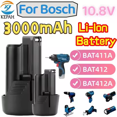 12V/10.8V 3.0AH Li-ion Replacement Battery for Bosch Compatible with BAT411 BAT412 BAT413 GBA 1 Rech