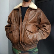 Vintage Flight Leather Jacket - Jaket Kulit Tebal Bomber Pilot Bulu Pria Casual Army Military Second