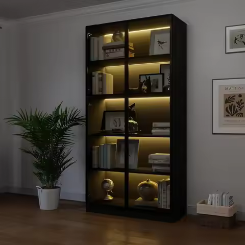 "Large 78.7 Inch Display Cabinet with Four Glass Doors, 5-Tier Storage Cabinet with LED Lighting, Ta