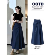 [Annie] Navy Blue Irregular a-Line Skirt Suit Small Man Pear Shape Body Berkeley Skirt Summer Big Sk