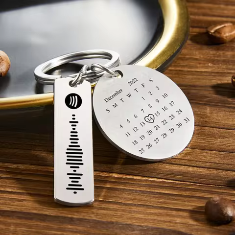 Oval Calendar Custom Spotify Code KeyChain Stainnless Personalized Date Engraved Name Customized Mus