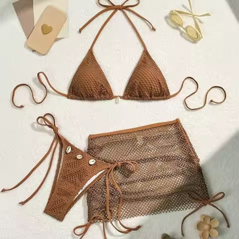 Casual Mesh 3 in 1 Swimwear Set Slim Fit Deep-V Bikini Bathing Suit Lace Up Beachwear Clothing Sleev