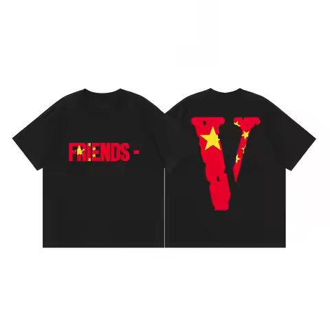 Vlone Friends Graphic Tee, Vietnam Flag V Print Short Sleeve T Shirt, Streetwear Casual Top, Gift fo