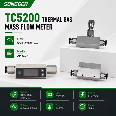 TC5200 Thermal Gas Mass Flow Meter MEMS Digital Air Nitrogen Oxygen Helium RS485 4-20mA High Precisi