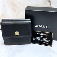 【LA LUNE】稀有中古二手Chanel黑色皮革金幣短夾小銀錢包手拿袋