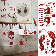 （WHAT） Horror Bloodstain Wall Sticker Handprint Footprint Blood Skull Window Sticker Halloween Decor