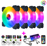 全城熱賣 - 酷月玉環14cm機箱風扇 靜音發光14025電腦散熱風扇台式機ARGB風扇（4個14CM玉環RGB風扇+1套音樂ARGB控制器）