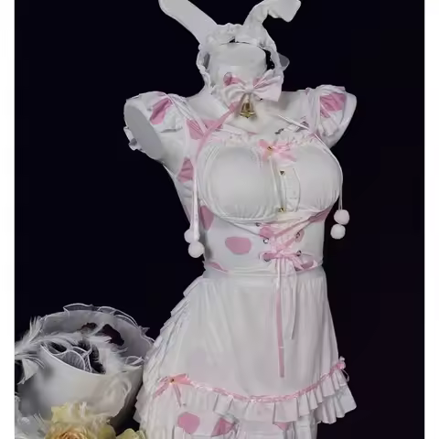 Japanese Anime Bunny Cosplay Costumes Women Sweet Pink Lolita Cat Girl Maid Dress Halloween Cow Prin