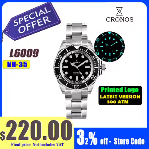 Cronos Automatic Diving Man Watch Stainless Steel Bracelet 2000 Meters Water Resistance Professional