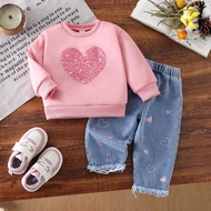 Baby Girl Heart Graphic Crew Neck Long Sleeve Sweatshirt And Denim Jeans Casual Outfit, Autumn Kids 