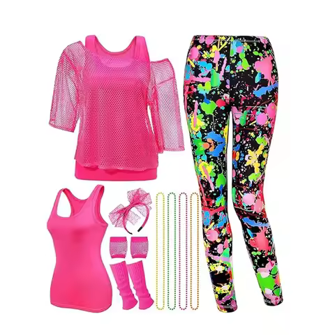 80's Women Retro Costume Set Women's 80s Leggings Fishnet Neon Shirt with Leg Warmers Necklace Brace
