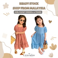 [2-9 Years] CZJS Girl Dress Korean Style Plaid Flowy Summer Kids Dress Gaun Budak Dress Kanak Baju Budak Perempuan