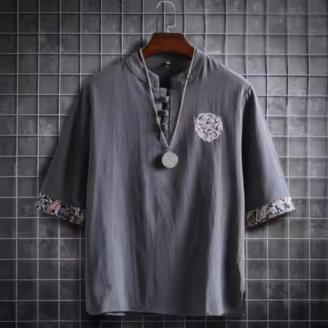 Summer Chinese Style Hanfu Men Short Sleeve Cotton T-shirt Kung Fu Tai Chi Tee Tops Zen Tea Art Qipa