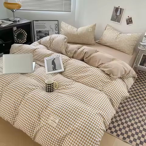 Japanese Style Check Queen Duvet Cover Set 1/3 Pcs Soft Washed Quilt Cover and Pillowcase or Only Qu