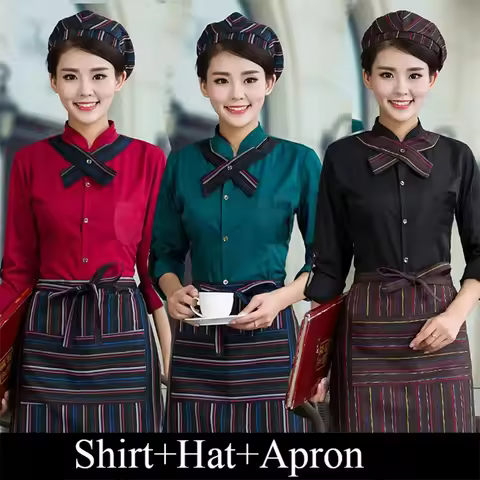 Tops+Apron+Hat Summer Women Short Sleeve Waiter Uniform Coffee Cafe Waitress Uniform Men Hotel Resta