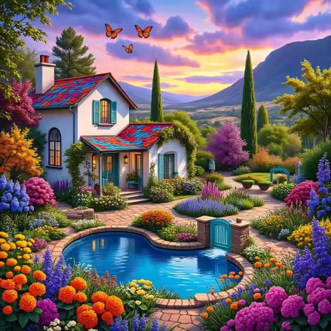 Colorful Tuscan Cottage Pool Vibrant Flower Garden Mountain Sunset Butterfly Full Drill Diamond Pain