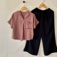 Disa Set Katun Rayon / Setelan Celana Panjang Wanita / One Set Vneck Polos Tangan Pendek Polos