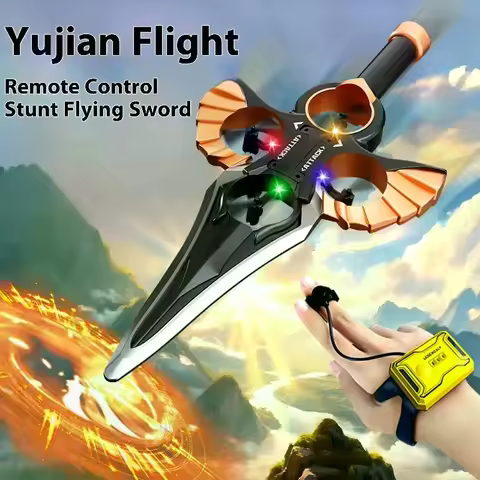 Gift Set Boys RC Stunt Plane, 4-Axis Flying Sword with Hand Wave/Controller Modes, Flashing Lights &