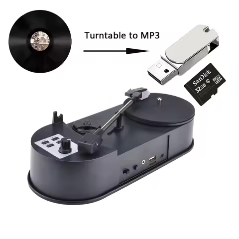 Portable Phonograph 33/45RPM Turntable Player Converter Save Vinyl Music Records to MP3 TF Card/USB