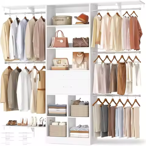 5FT Closet Organizer System with Wooden Drawers, 60 Inches Walk In Closet System With 5 Hanging Rods