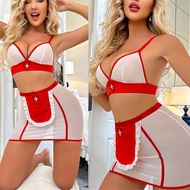 Erotic Red nurse outfit perspective temptation two-piece set sexy lingerie porn woman Sex doll Babydoll Nursing party