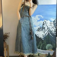 French Retro Blue Strap Denim Dress Women 2025 Small Temperament Slimmer Look Long Skirt bgt114.6.19