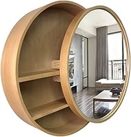 Bathroom Mirror Cabinet Solid Wood Bathroom Mirror Mirror with Shelf Round Bathroom Mirror Wall-Mounted Mirror Cabinet (Wood Color 50cm)