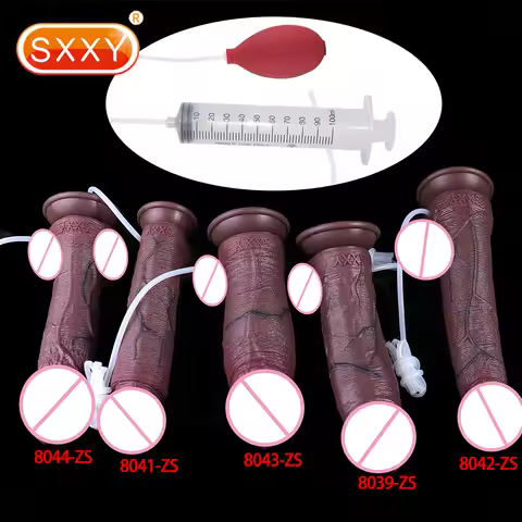 SXXY Real Soft Dual-Layer Squirting Black Dildo Realistic Silicone Anal Plug WIth Spray Water Functi