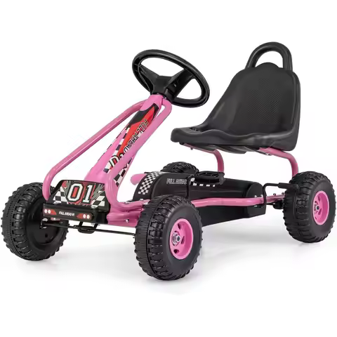 Kids Pedal Go Kart, Metal 4 Wheel Off-Road Pedal Go Cart with Steering Wheel, Adjustable Seat, Handb