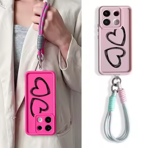 Phone Case For Xiaomi 14T 13T 15 Pro Poco X7 f6 m6 Redmi 14C Note 14 Pro Plus Love Heart Wrist Chain