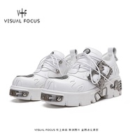 Visual Focus รองเท้าสีขัดสไตล์วินเทจสำหรับผู้หญิงรองเท้าส้นเตารีดพื้นหนาส้นหนาสไตล์ฮ่องกง Y2K สไตล์พ