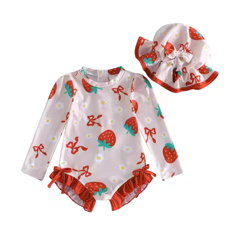 1-4T Toddler Girl Rash Guard Swimsuit Strawberry Floral Print Long Sleeve Bathing Suit with Swim Cap