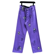 ILUS Chrome Hearts Cross Leather Sanskrit Straight Overall Jeans Men Women Style