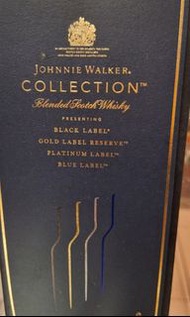 尊尼獲卡Johnnie Walker 蘇格蘭威士忌選集禮盒:黑牌12年、金牌珍藏、白金牌18年和藍牌各一枝。每枝含200毫升。最適合作收藏用。