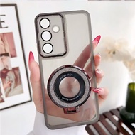 Transparent Magnetic Phone CaseBuilt-in Lens ProtectorGlitter Ring KickstandShockproof Anti-Drop Cle