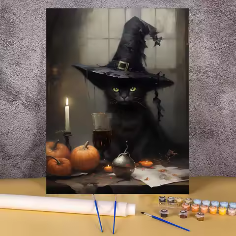 Acrylic Paint By Numbers Witch Black Cat Handpainted Canvas Painting Halloween Idea Coloring By Numb