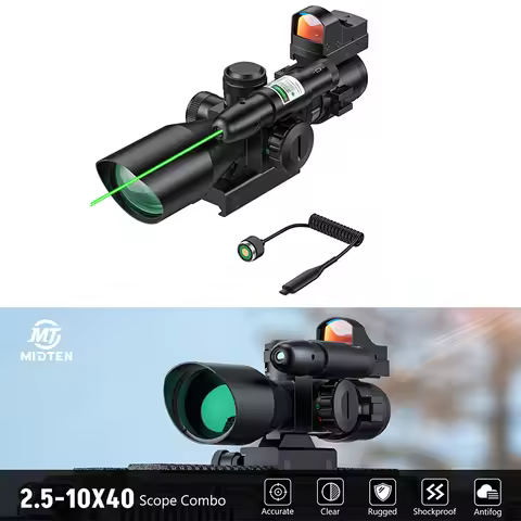 MidTen 2.5-10x40 Rifle Scope Optics Riflescope with Green Laser Sight and Red Dot Reflex Sighting Co