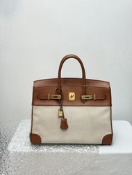 愛馬仕Hermès Birkin35 金棕馬鞍拼帆布