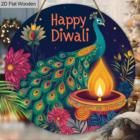 2D Flat Diwali Wooden Sign with PeaRooster Pattern - Happy Diwali Round Sign for Yard Door Wall Hang