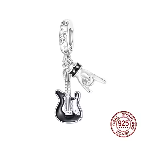 Hot Sale Rock Music Guitar Charms 925 Sterling Silver Dangle Pendant Fit Bangle Bracelet Necklace DI