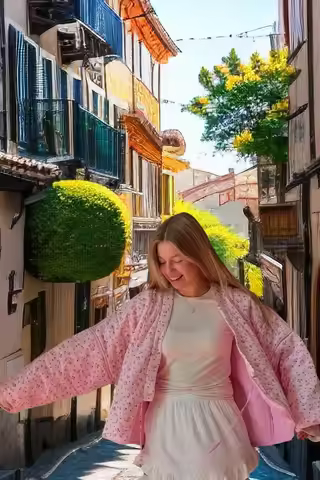 GC Pink Sweet Floral Flare Sleeve Cotton Coat for Women 2026 Autumn Winter, V Neck Lace-up Fashion O