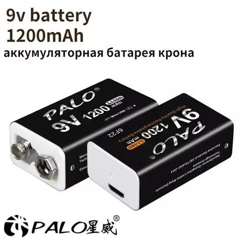 PALO 1200mAh Li-Ion 9V Battery Rechargeable Crown 9 Volts For Microphone Metal Detector with USB Cha