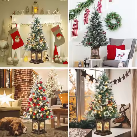 2PCS 3FT LED Christmas Tree Nightlight 8 Modes – Battery Powered Pre-Lit Snow Flocked Mini Xmas Tree