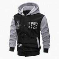 Men's Letter Print Button Hooded Jacket,Black And White Color Block,Plush Warm Long Sleeve Hoodie,St