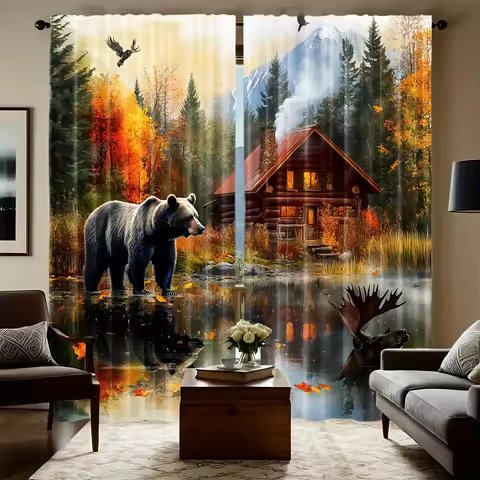 Autumn Forest Bear Moose Cabin Curtain Panels, Lake Mountain Wooden House Wild Animal Digital Print 